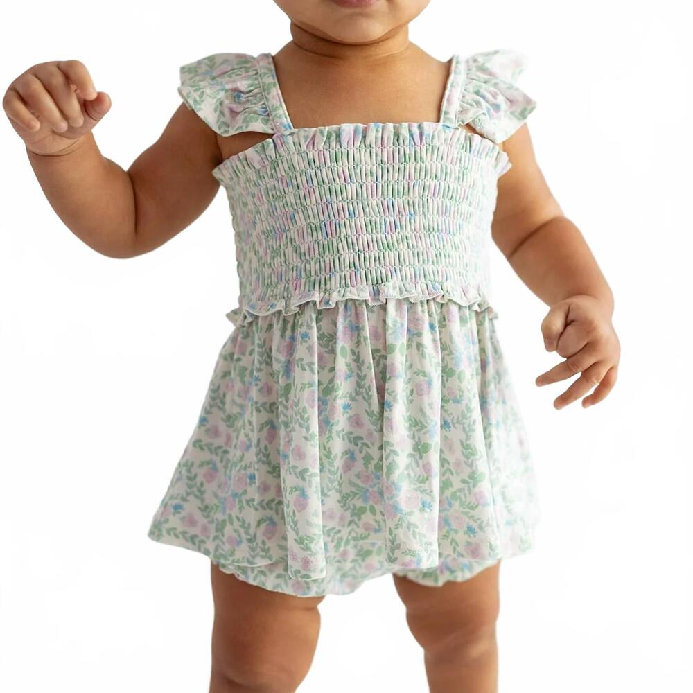 NEW POSH PEANUT girls smocked babydoll bummie 2 piece set in prairie floral